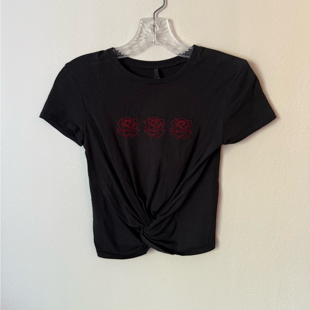 Black Knot Front T-Shirt with Red Rose Embroidery
